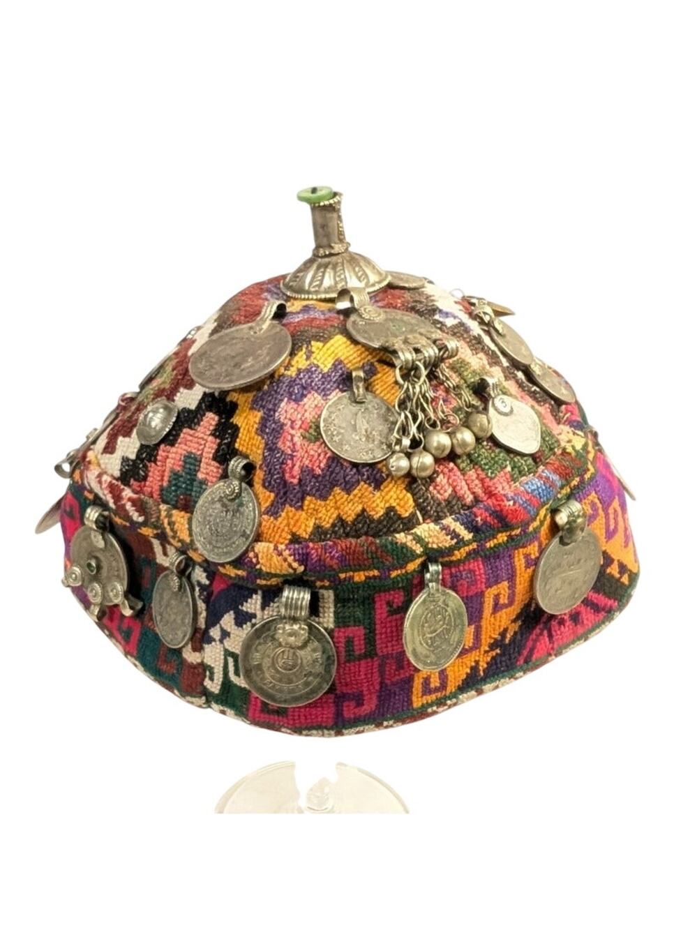 Vintage Afghani Turkmen Kuchi Dowry Cap Hat Handmade & Embroidered W/ Coins